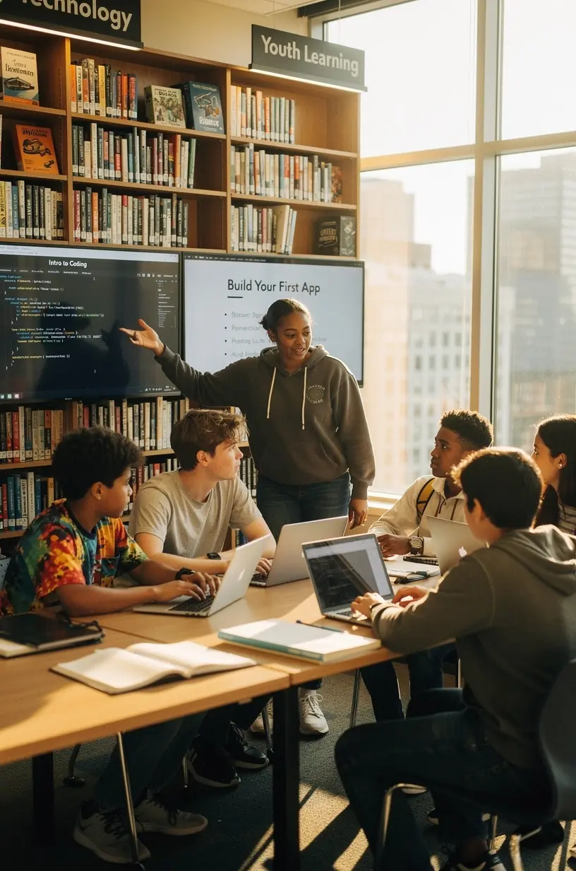 An aerial view of a district with newly implemented smart traffic management systems.
