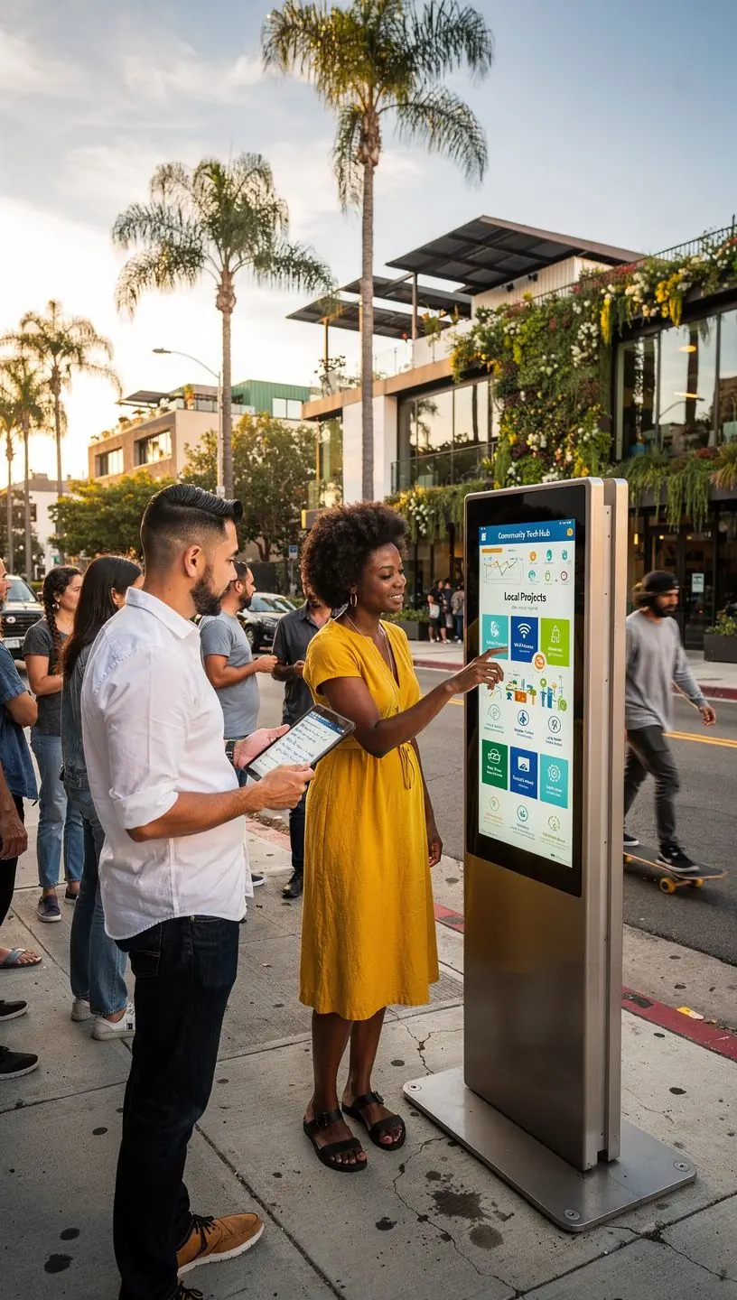 Students using tablets and interactive whiteboards in a technology-enhanced classroom setting.