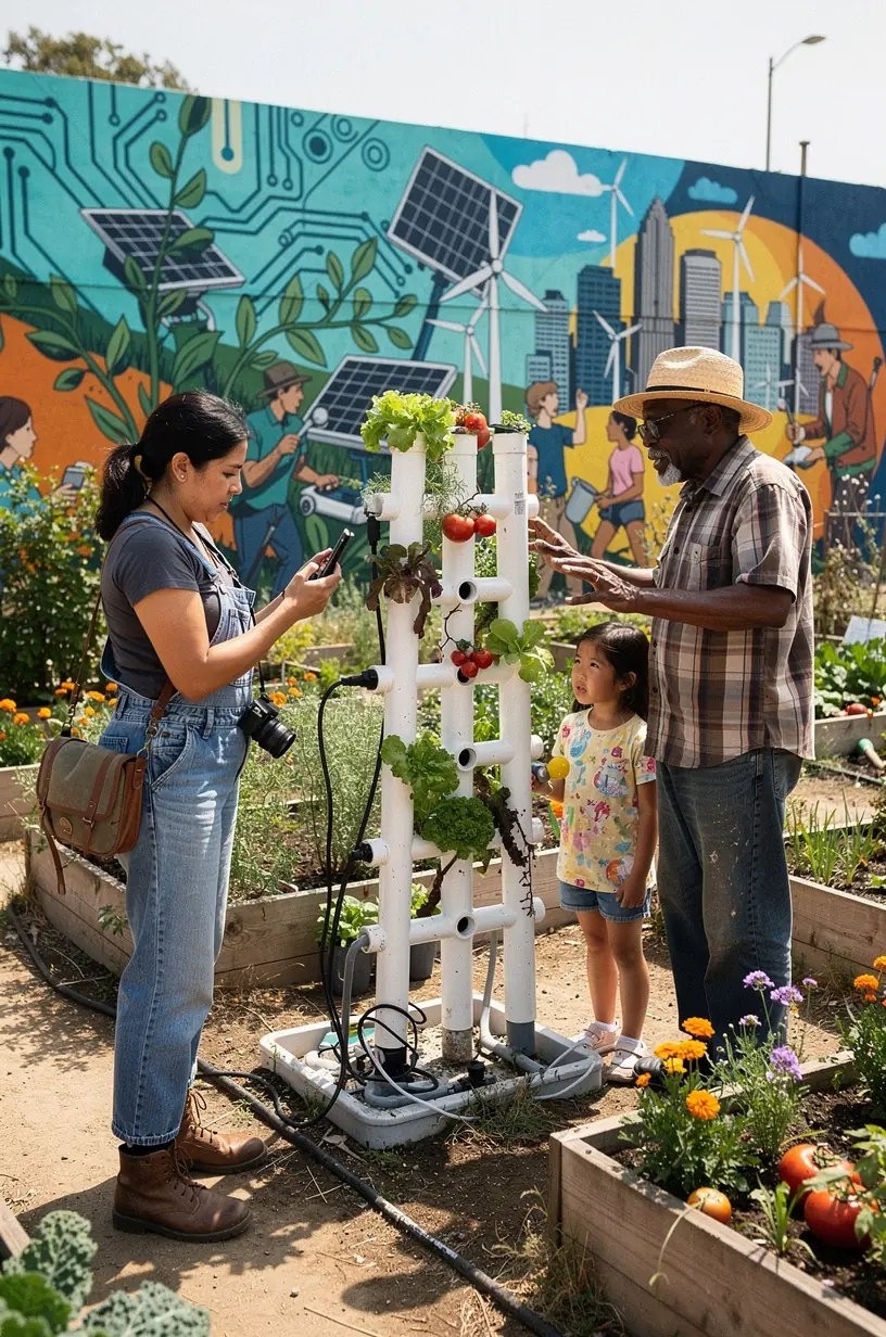 A side-by-side comparison of a district before and after implementing smart city technologies.