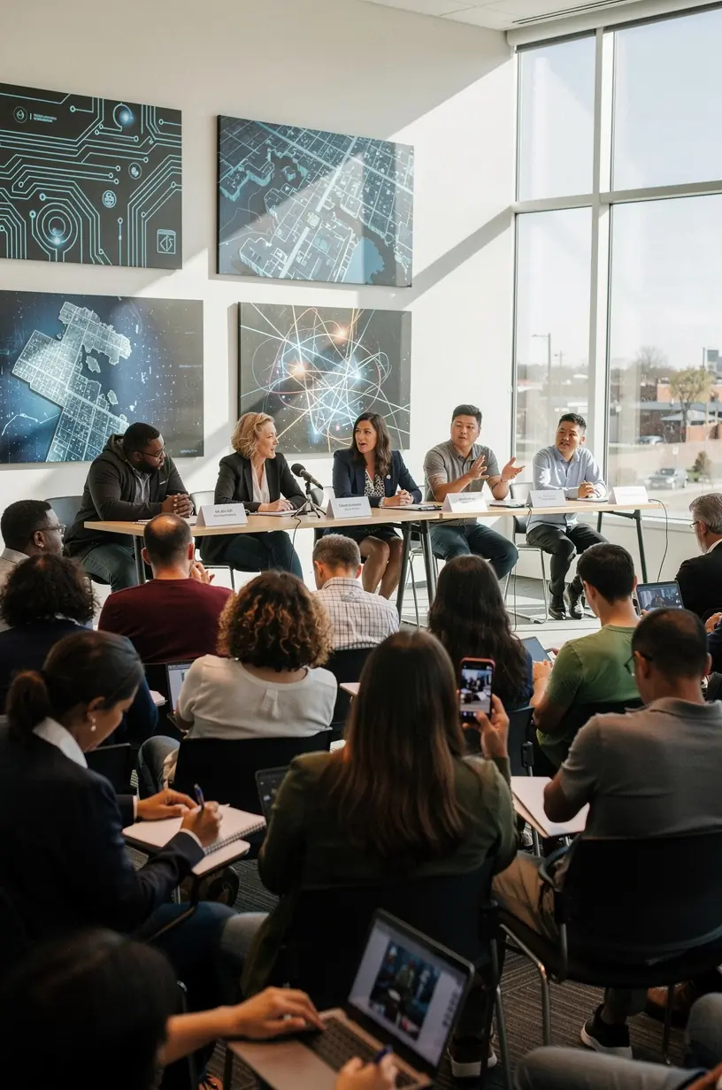 Community members attending a workshop on new educational technology in a local school.