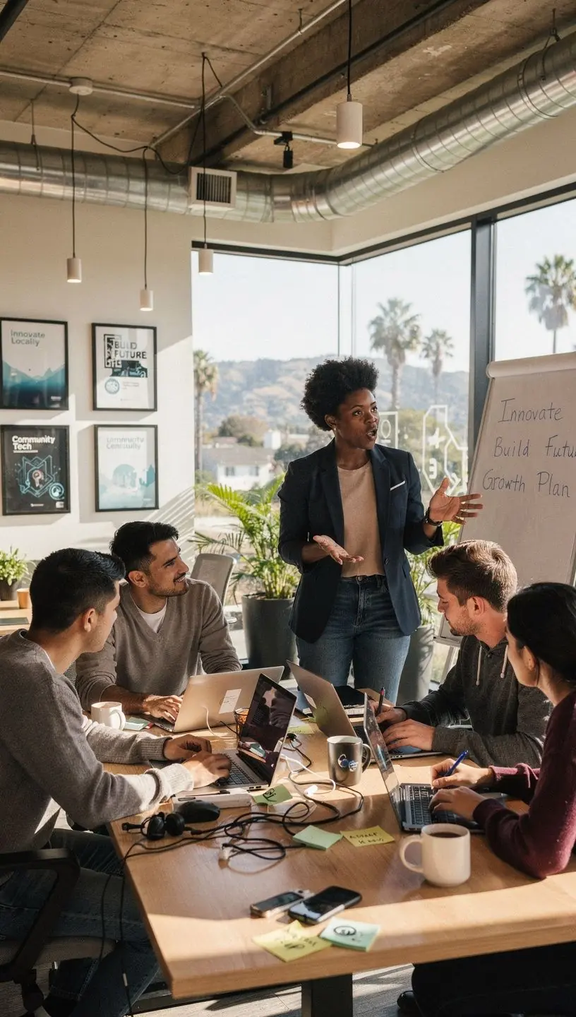 Local government officials discussing digital transformation strategies at a conference table.